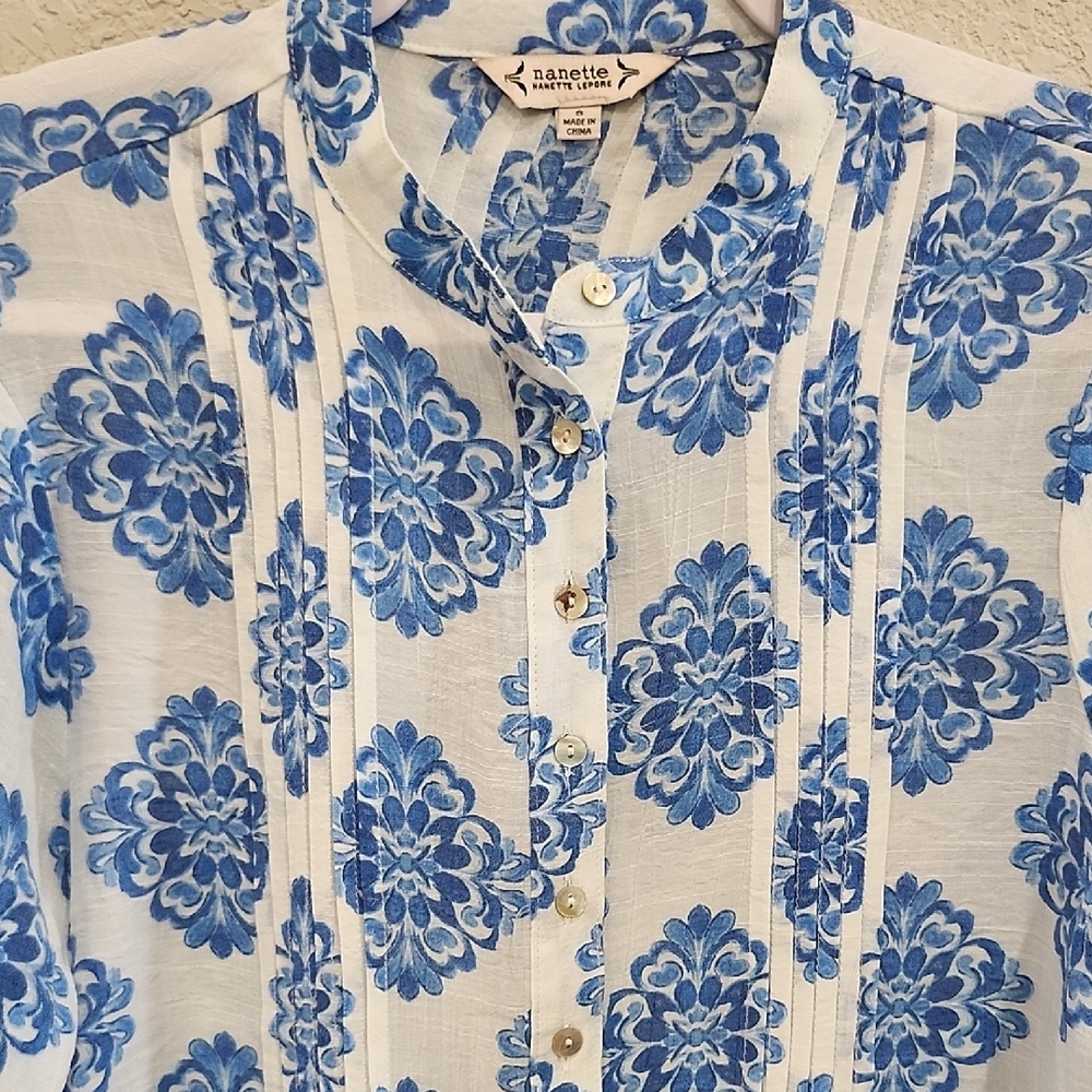 Nanette Lepore Pintuck Pleats Blue White Resortwear Patterned Tunic Blouse Small - Picture 4 of 9